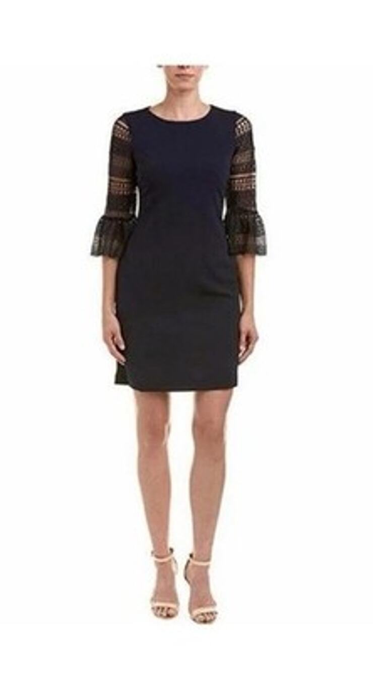 Donna Ricco Black Crochet Bell Sleeve Sheath Dress Size 12 Shift Sheer 3/4 Mesh